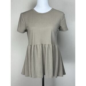 ZARA Women’s Sz S Taupe Short Sleeve Peplum Top Baby Doll Peasant Boho Smocked